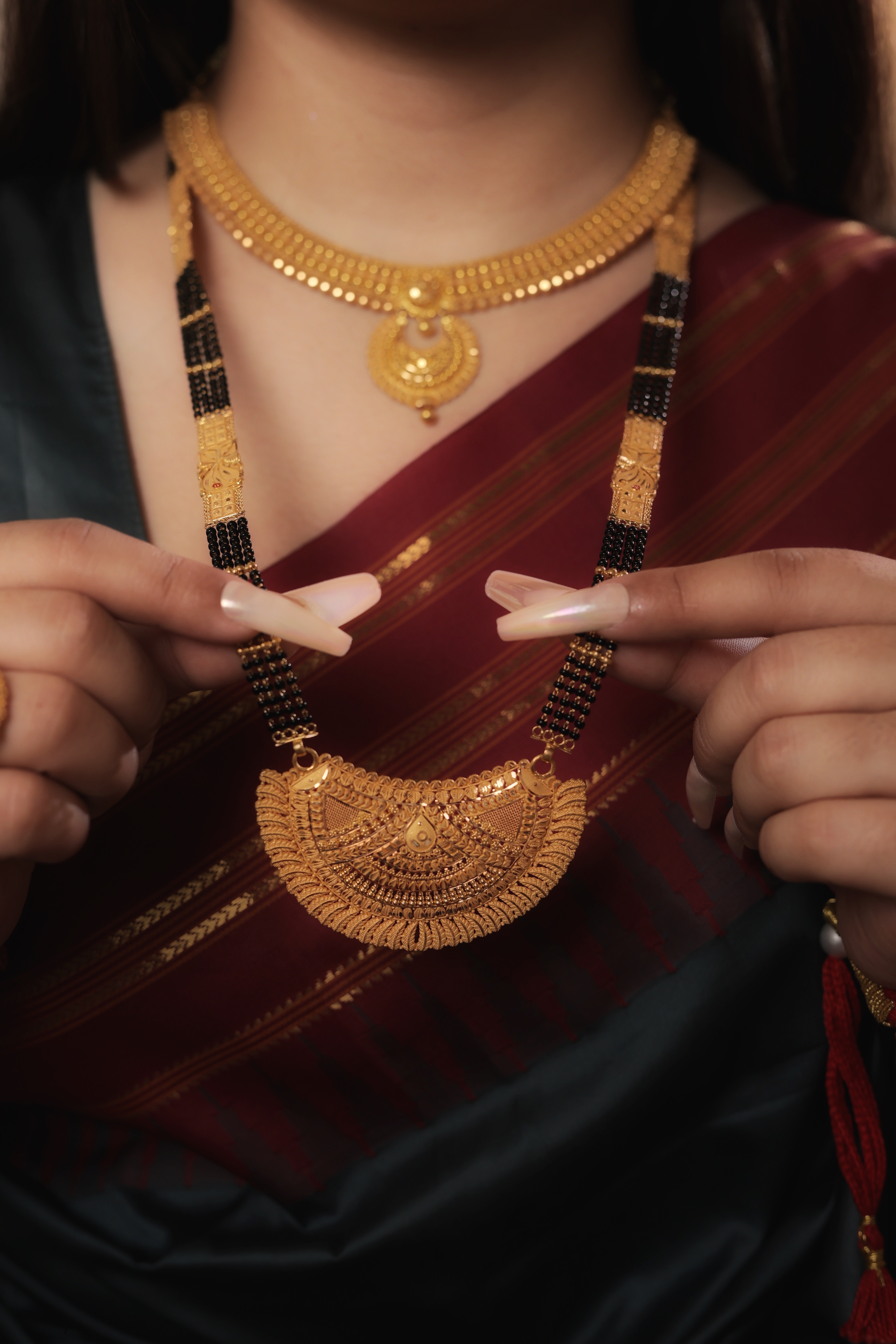 Regal Crescent-Shield Long Mangalsutra with Intricate Mesh Filigree and Scalloped Borders