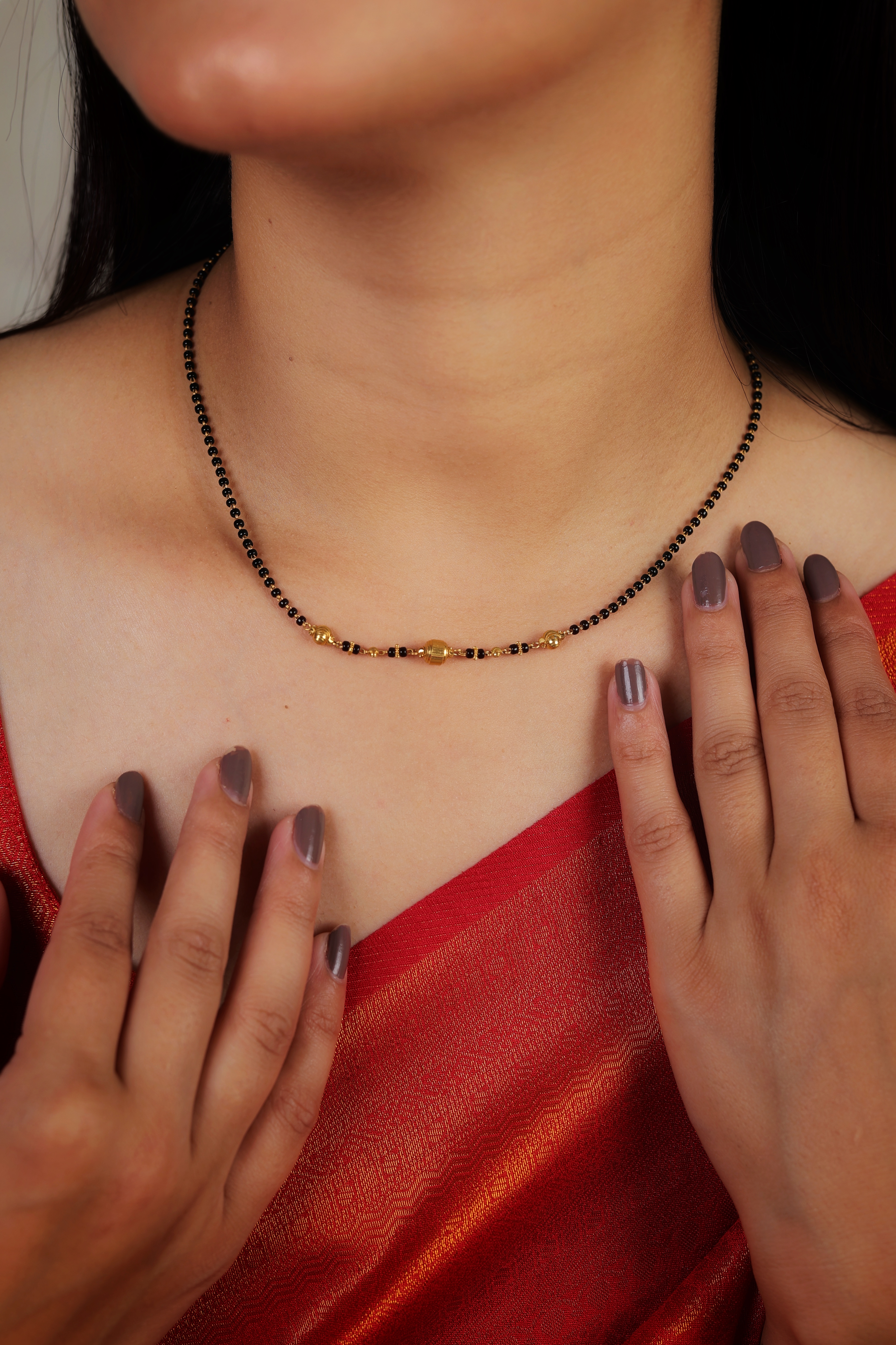 Ultra-Slim Single-Strand Short Mangalsutra with Triple Gold Bead Accents