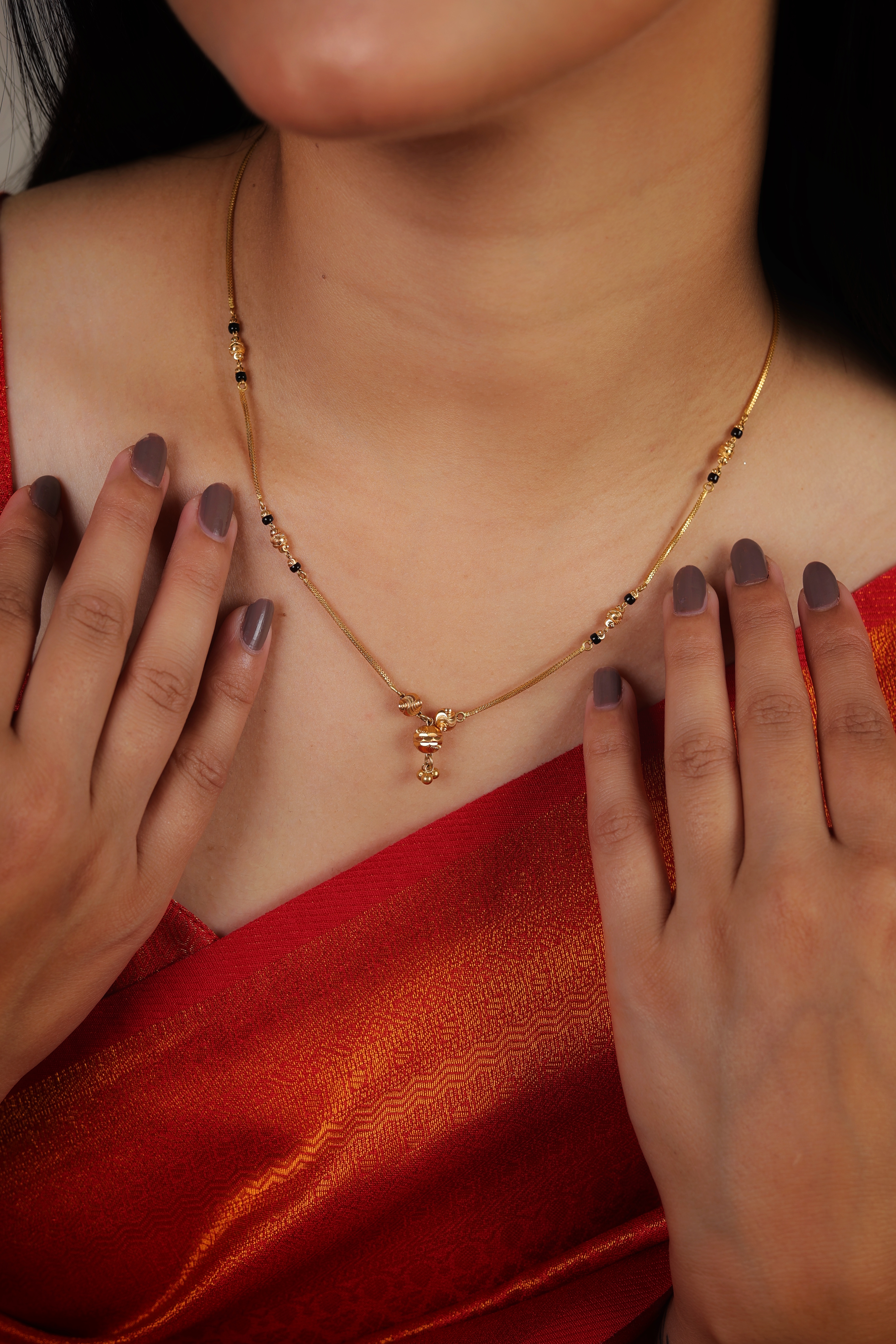 Minimalist Gold Link Short Mangalsutra with Tiered Bead Pendant and Textured Spacers