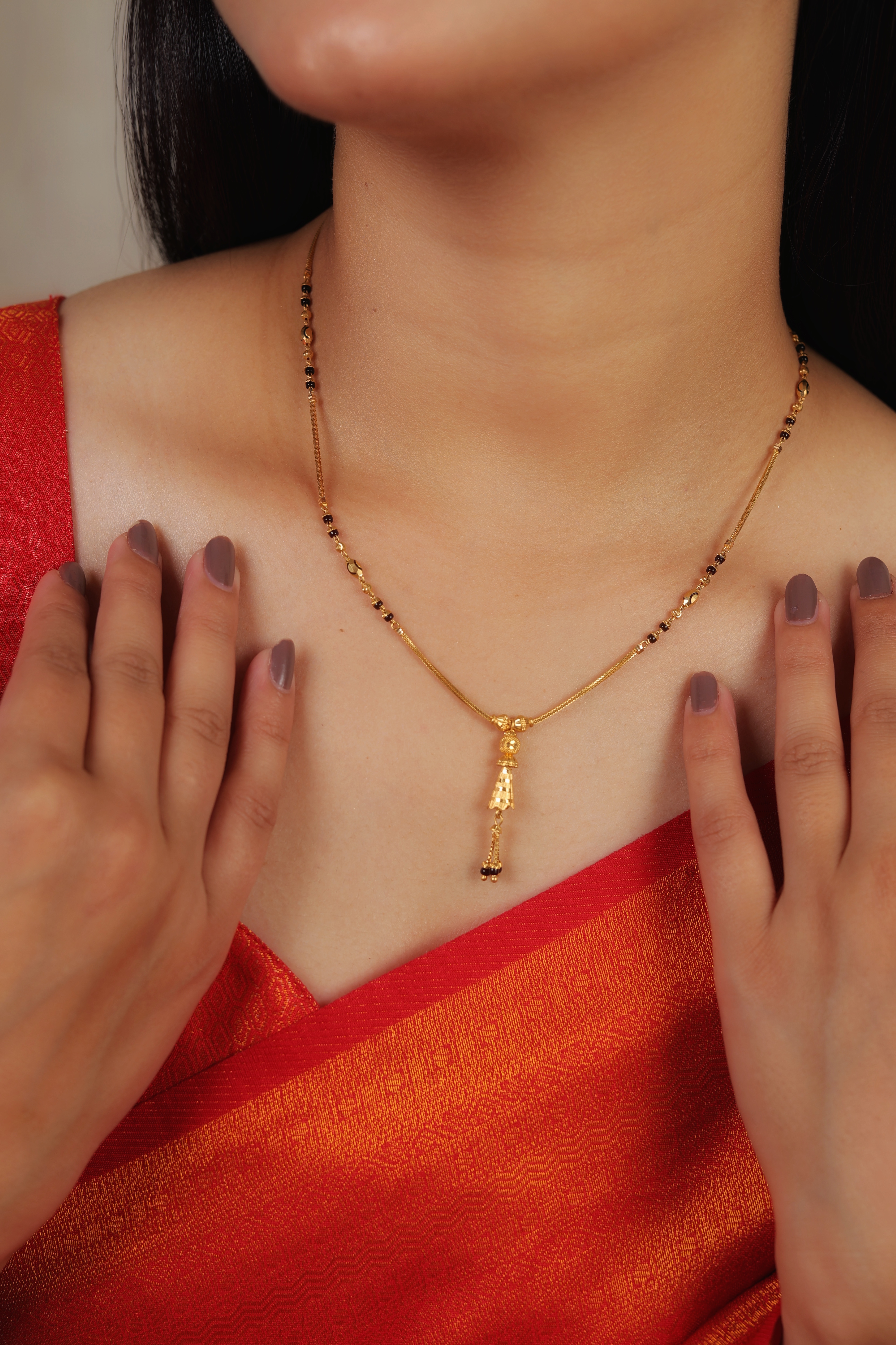 Contemporary 22K Gold Short Mangalsutra with Tapered Pillar Pendant and Delicate Bead Tassel