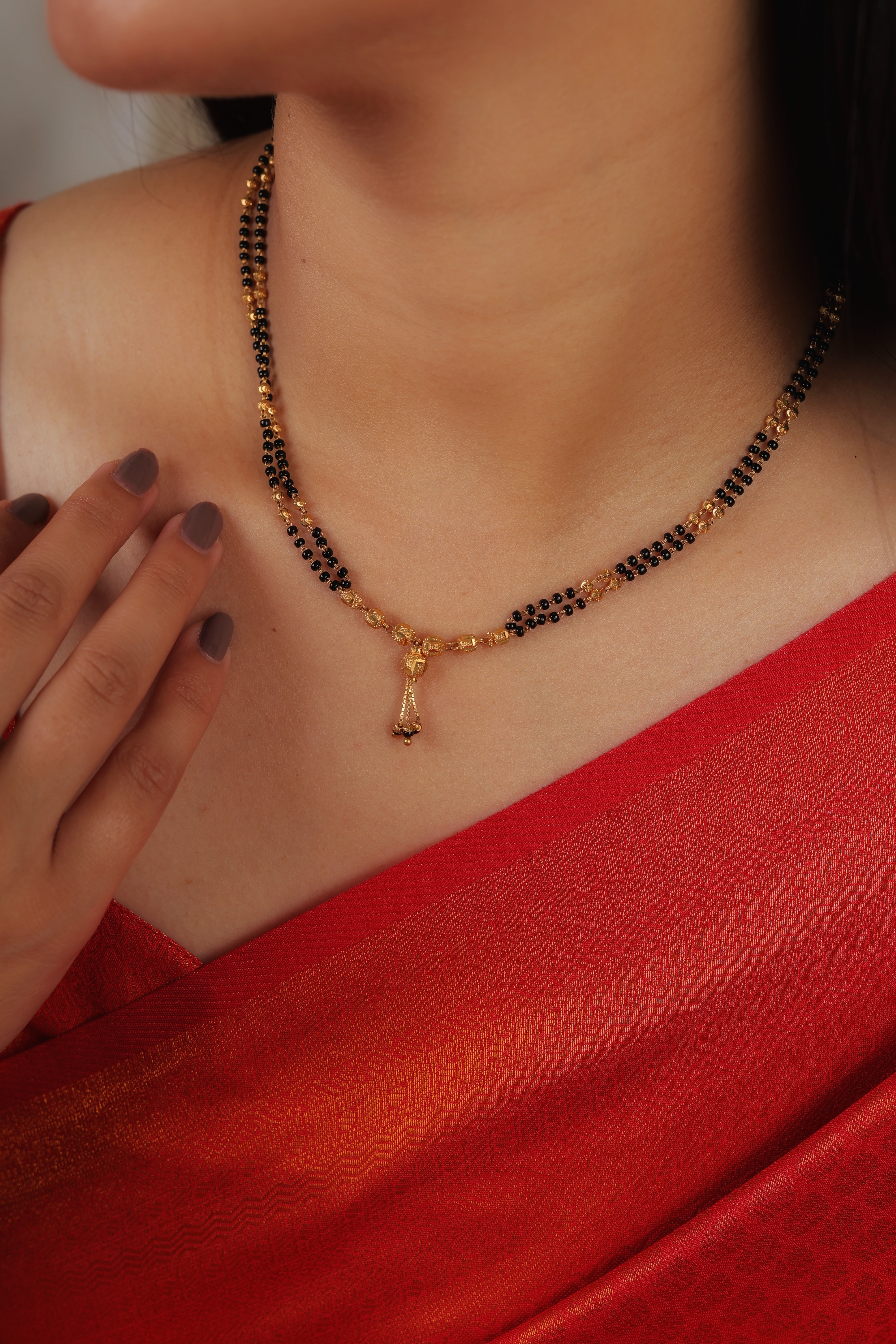 Ornate Double-Strand Short Mangalsutra with Filigree Sphere and Golden Bead Accents