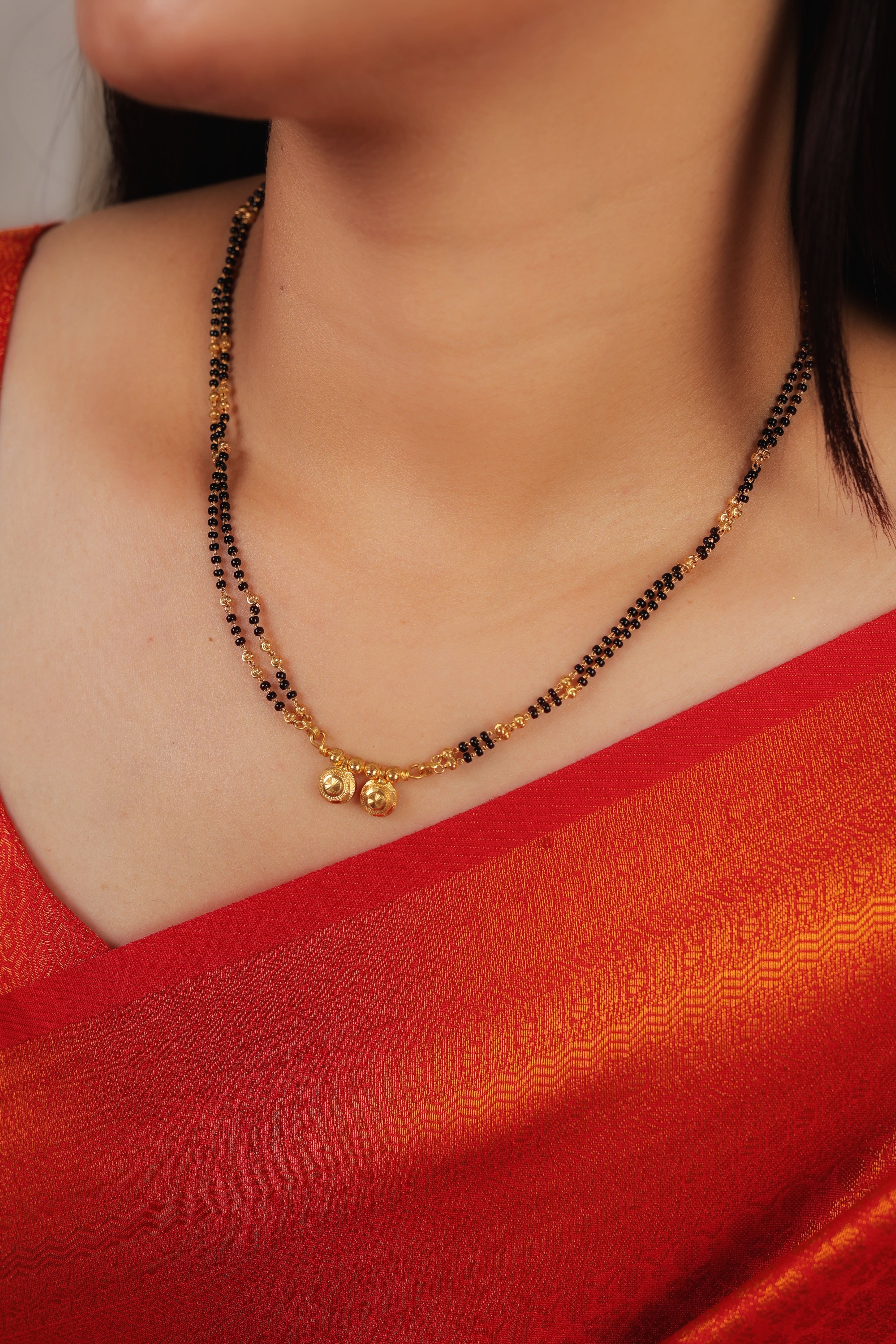 Elegant 22K Gold Short Mangalsutra with Dual-Layered Chain and Twin Filigree Spheres
