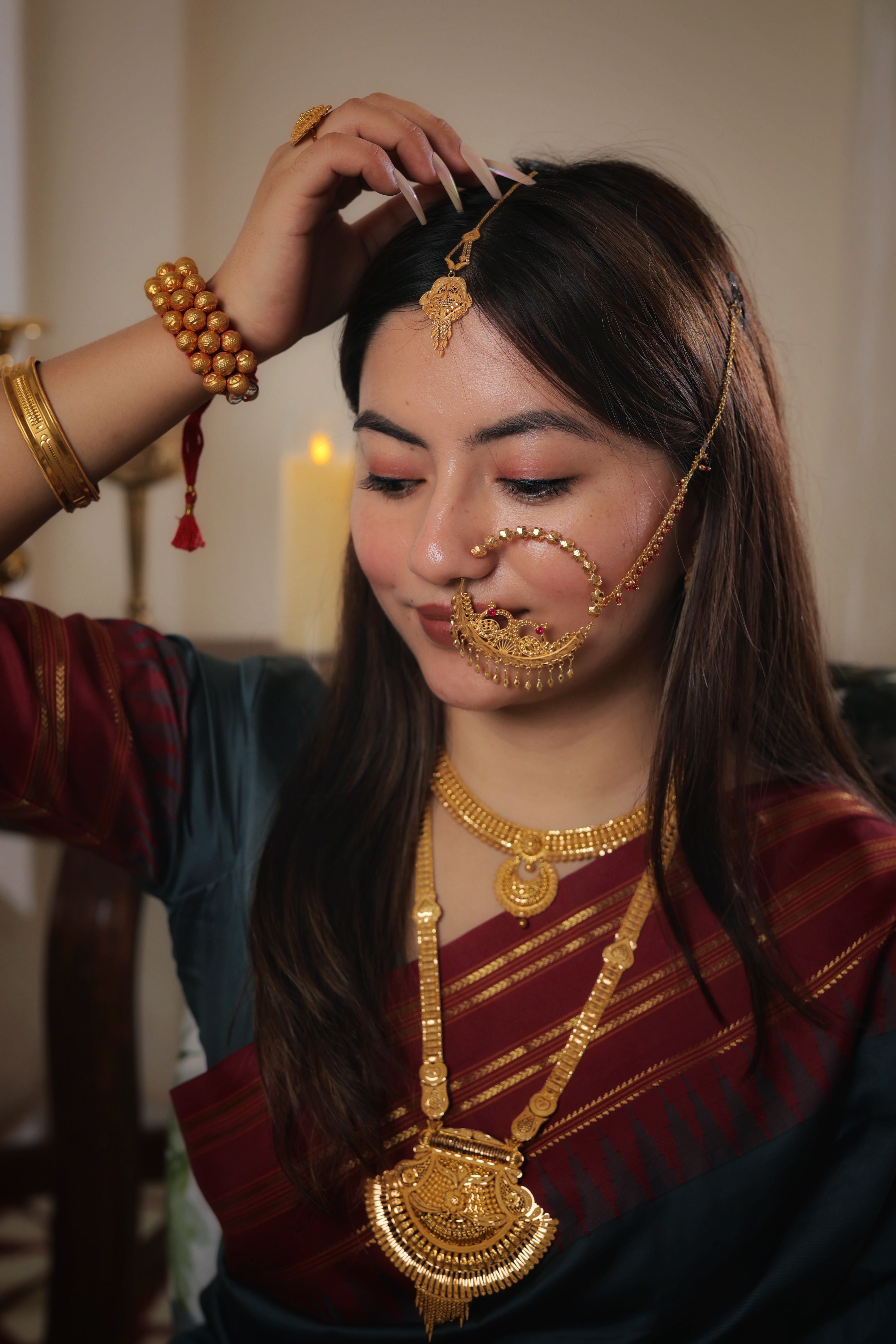 Charming 22K Gold Heart-Motif Maang Tika with Fine Filigree and Droplet Tassels