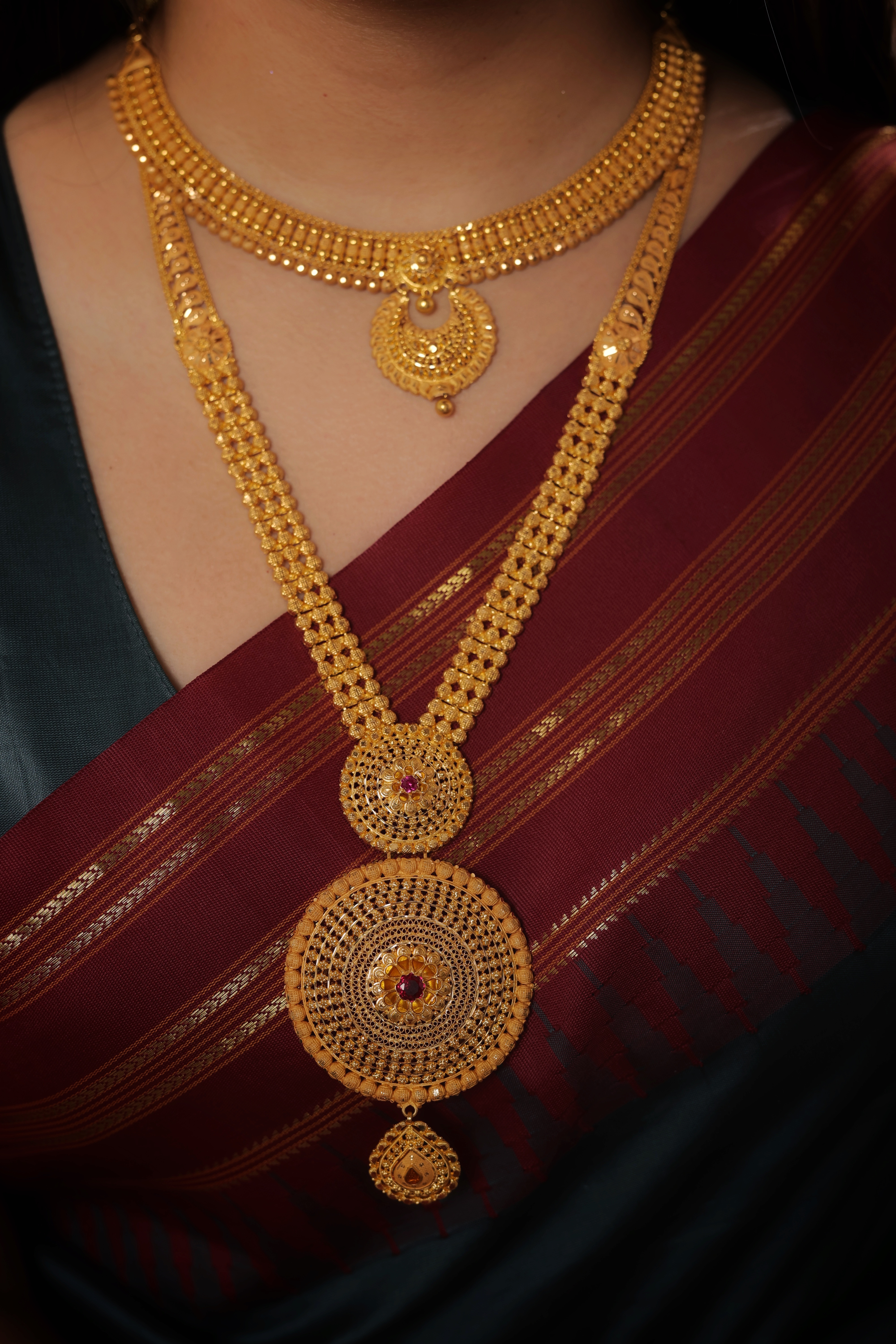 Majestic 22K Gold Rani Haar with Dual Ruby-Centered Medallions and Ornate Triple-Strand Chain