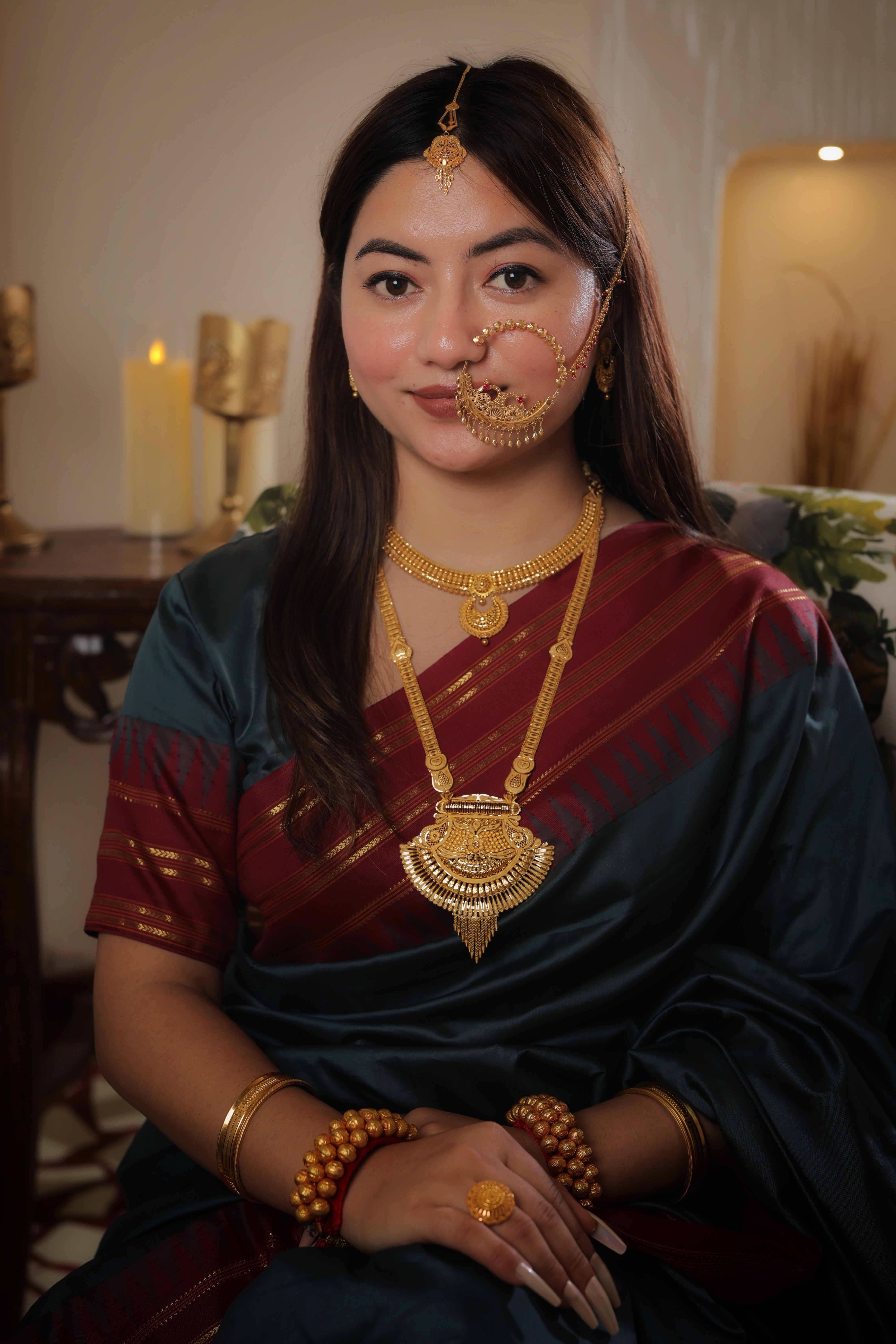 Grand 22K Gold Rani Haar with Elaborate Fan-Shaped Filigree Pendant and Textured Broad Chains