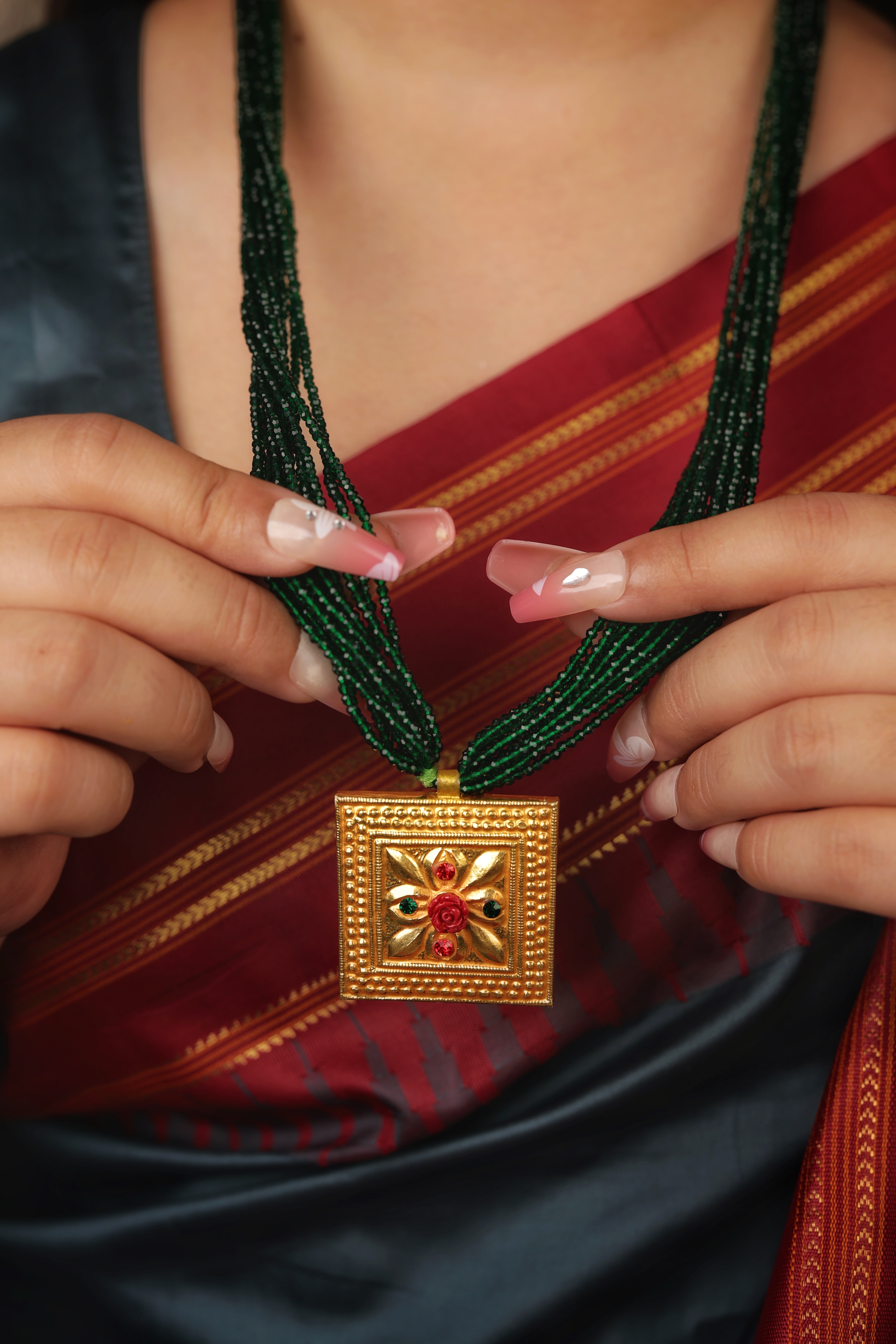 Antique 24K Gold Square Floral Pendant Necklace with Green Beads