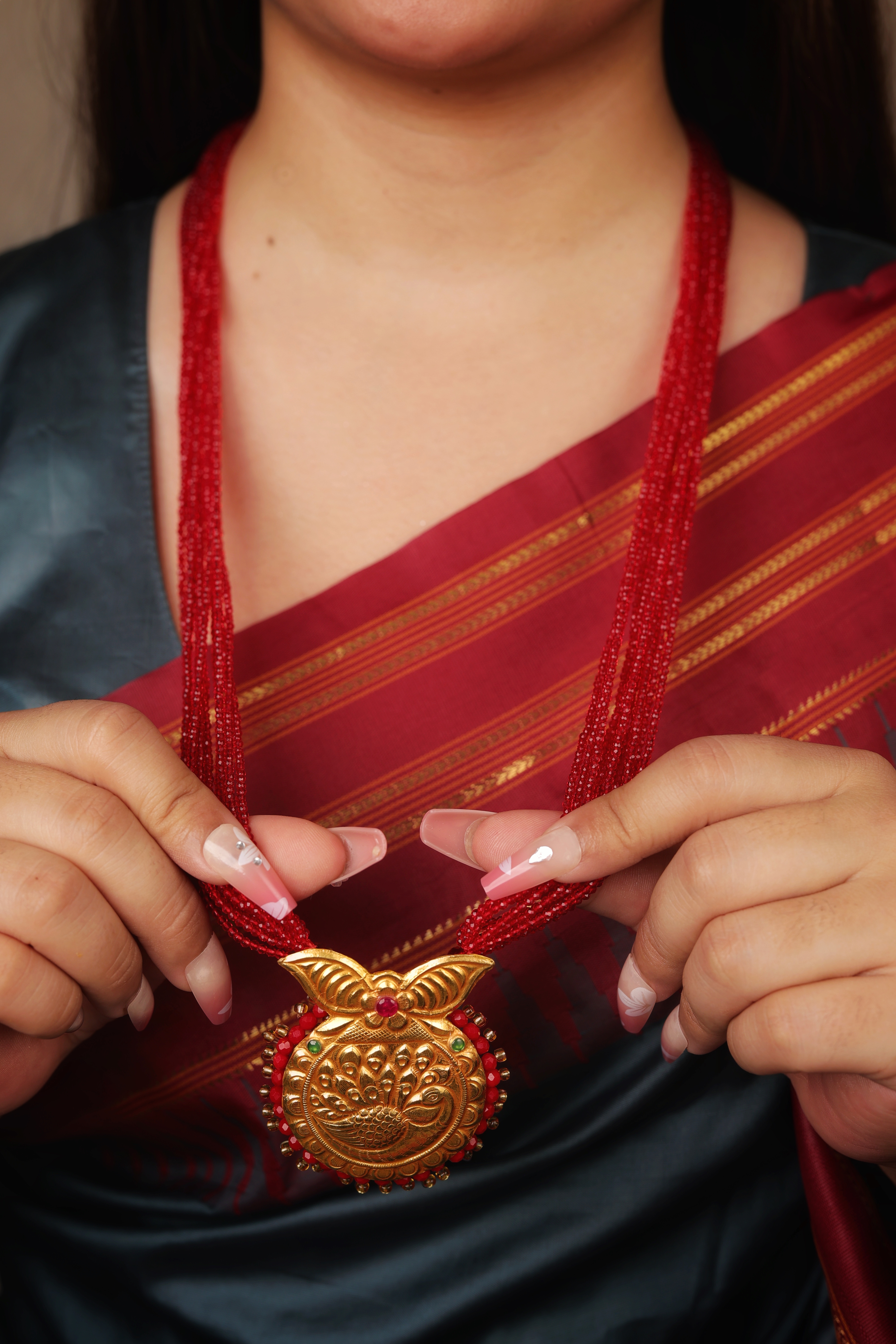 Antique 24K Gold Peacock Motif Pendant Necklace with Red Beads