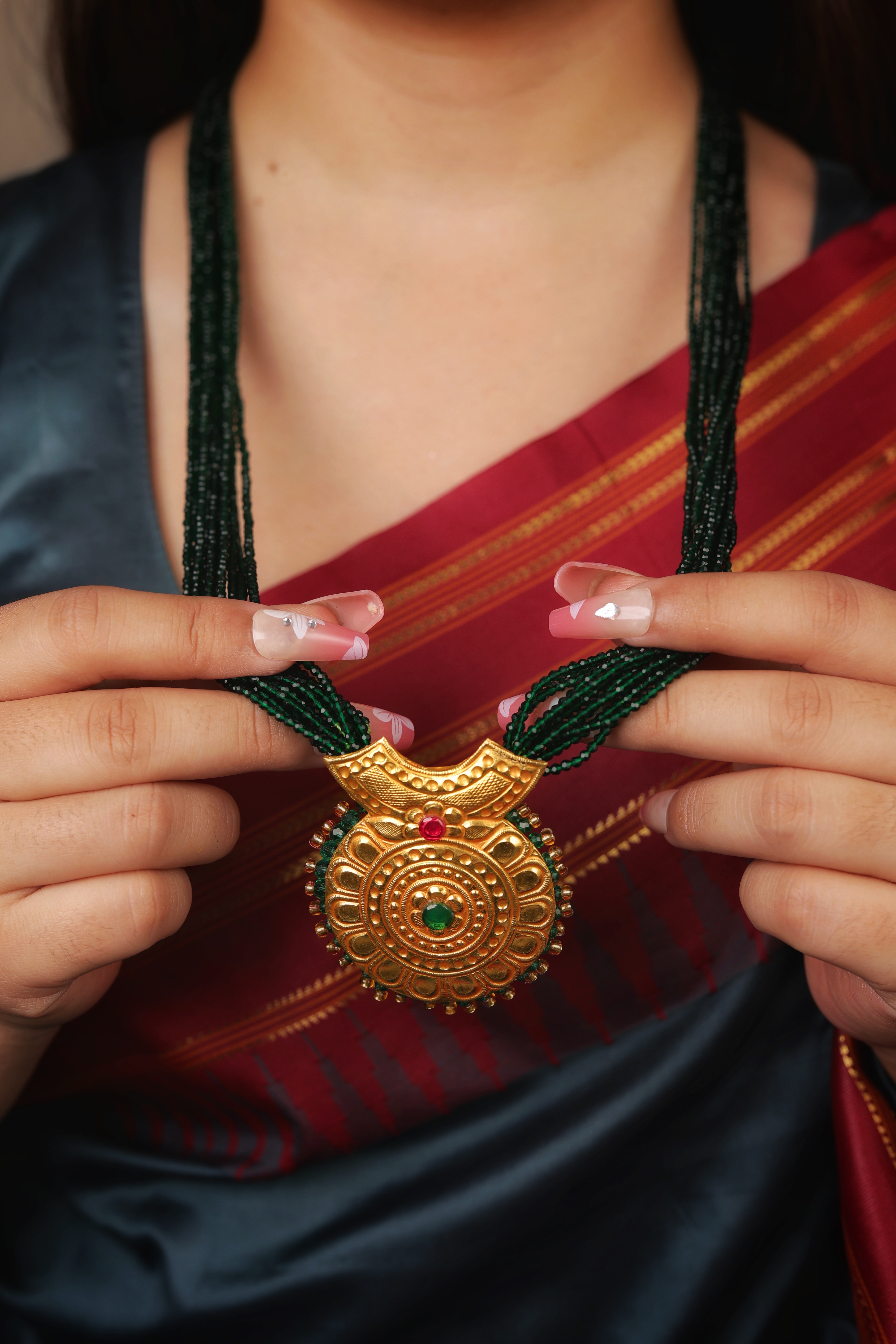 Antique 24K Gold Circular Pendant Necklace with Green Beads