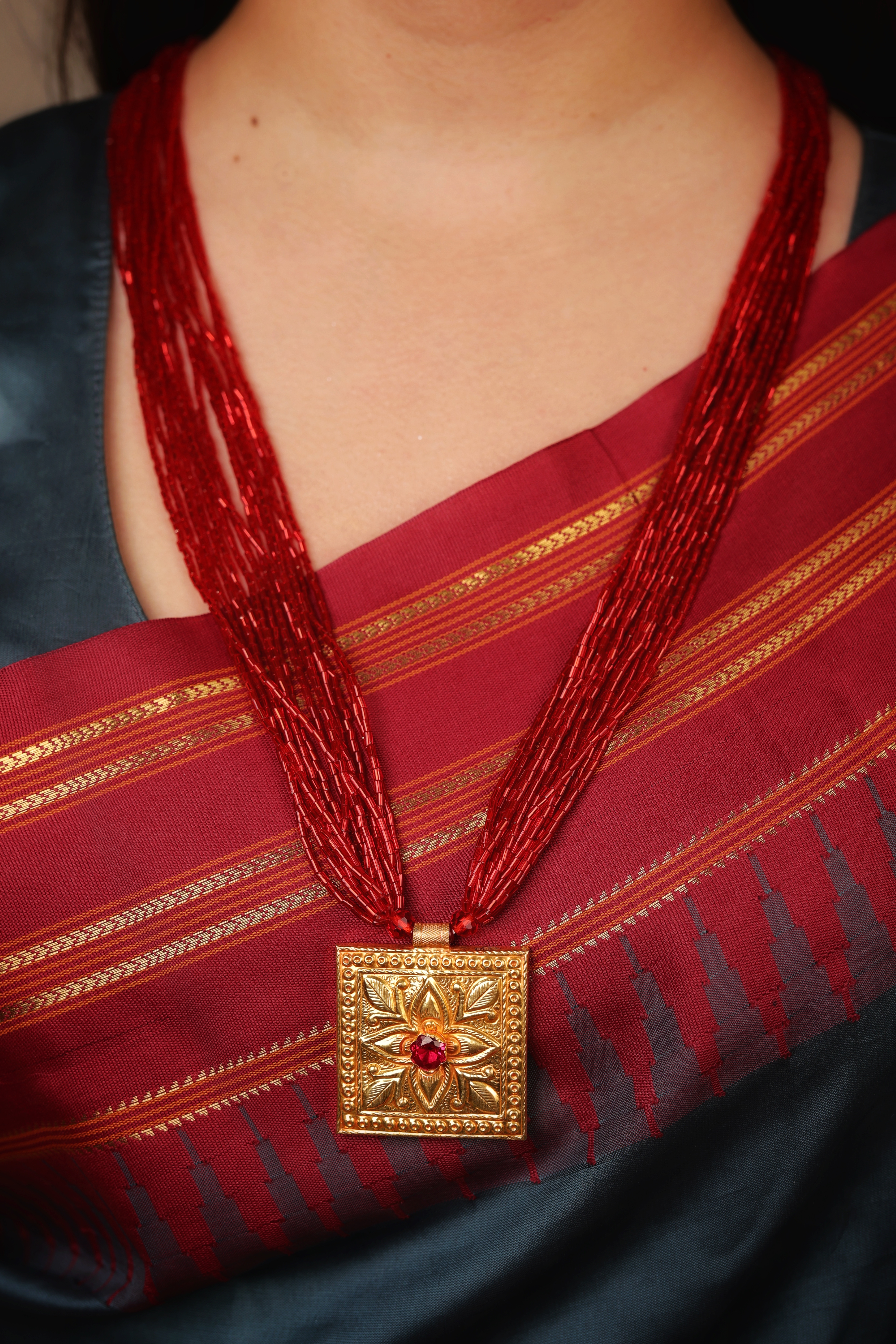 Antique 24K Gold Square Floral Pendant Necklace with Red Beads