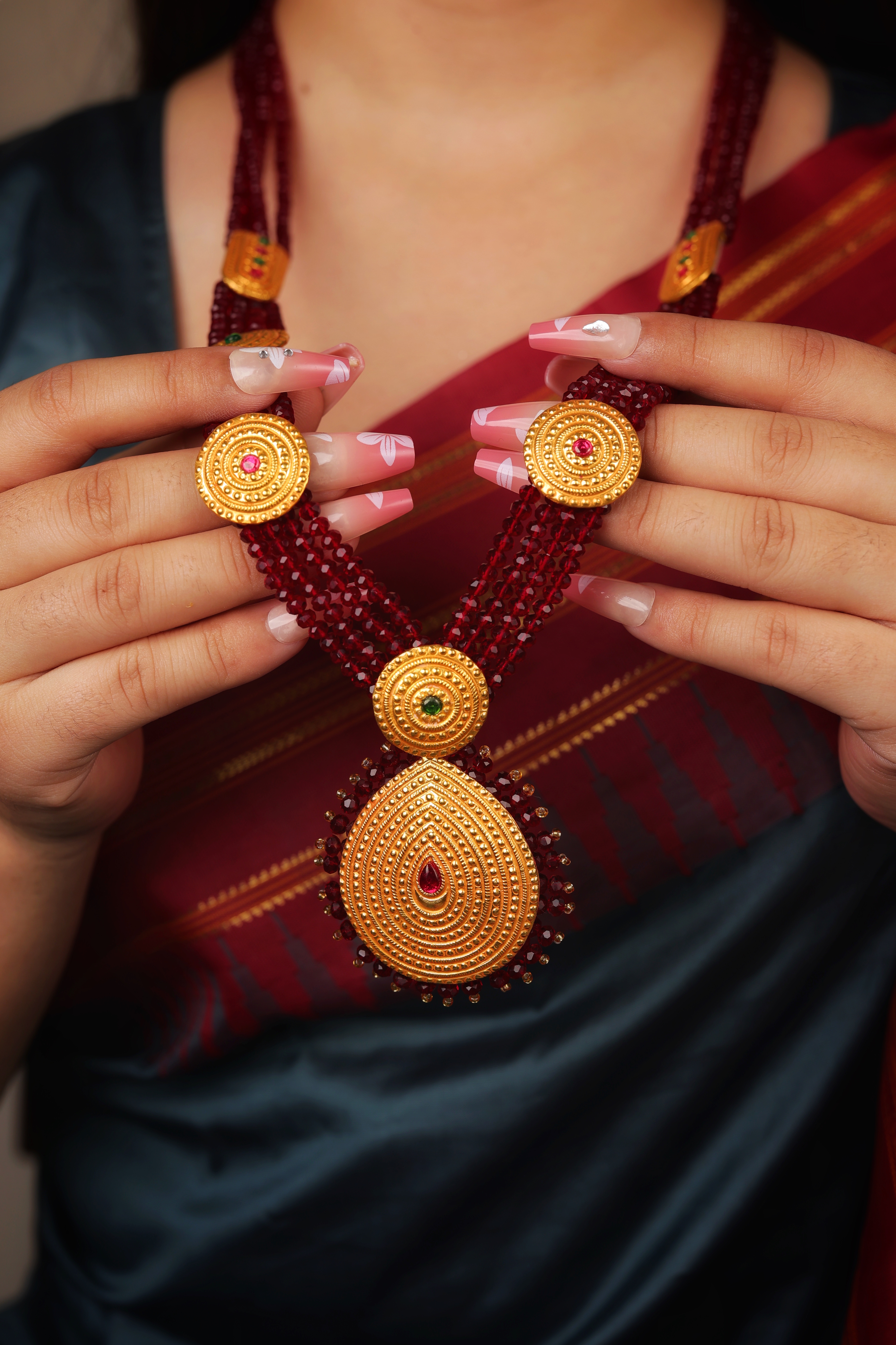 Antique 24K Gold Teardrop Pendant Necklace with Multi-Strand Red Beads