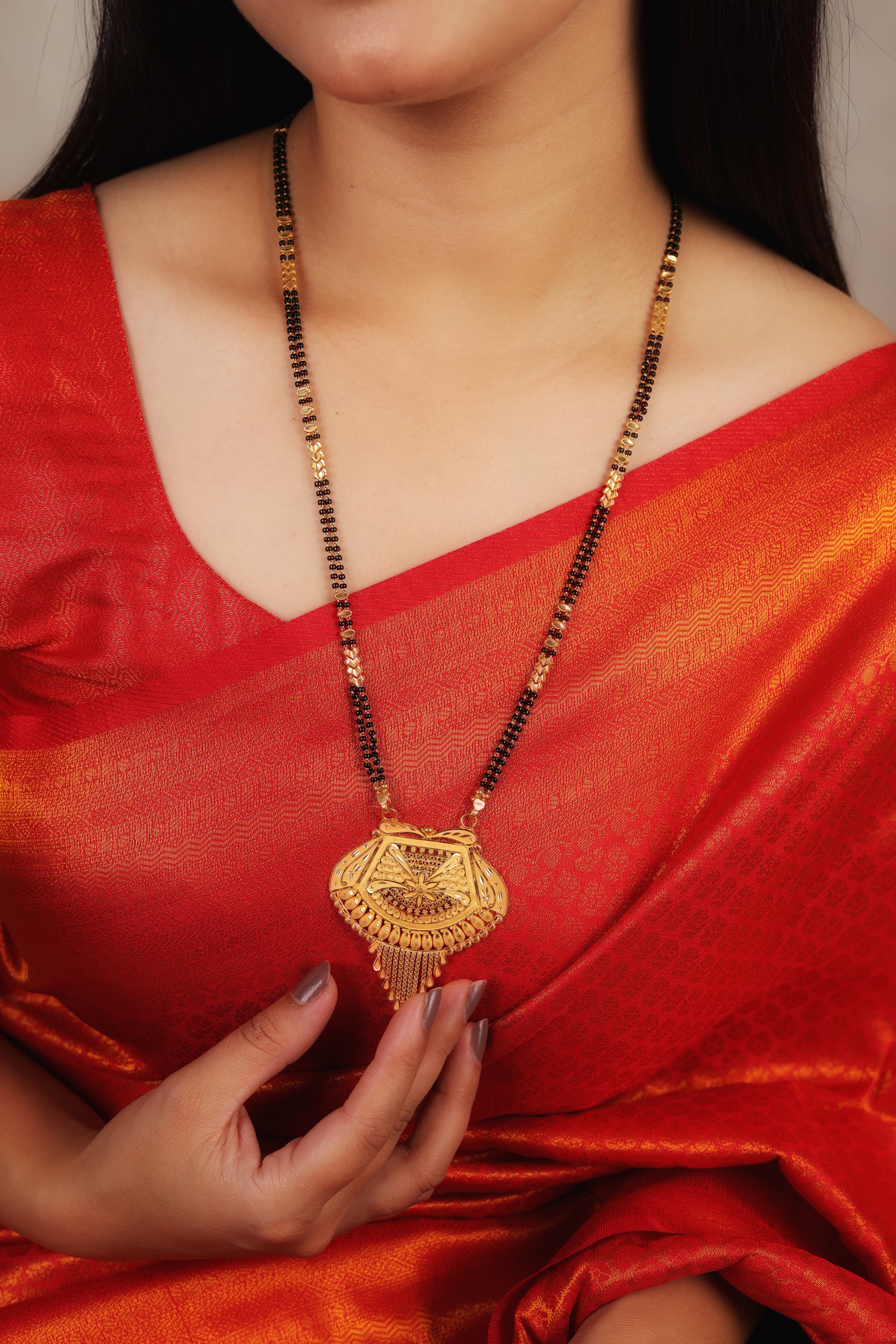 22K Gold Long Mangalsutra with Traditional Ladi & Designer Pendant