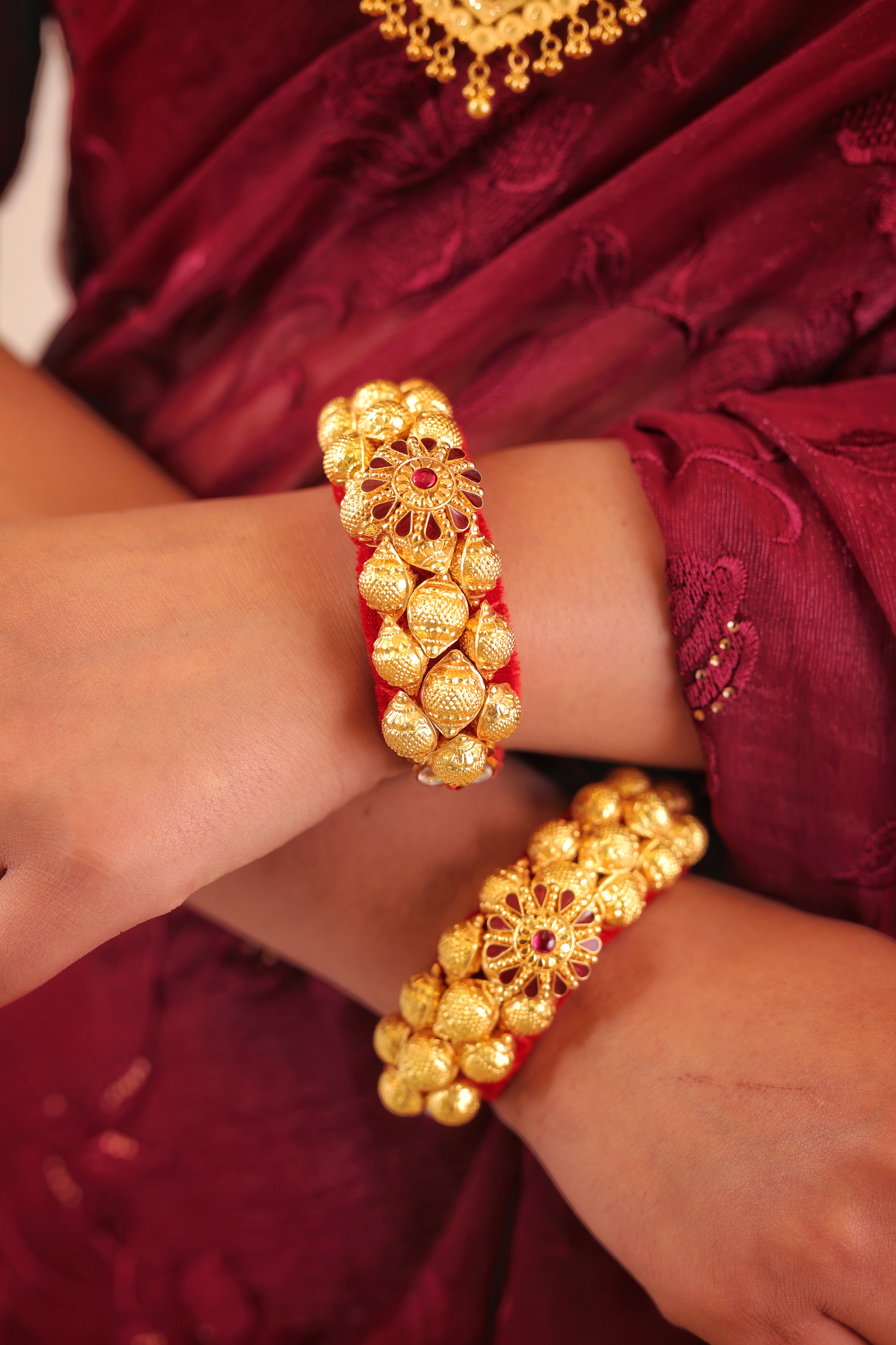 Traditional Gold Ponchi Bangles – Beaded Bridal Kada with Red Stone Floral Motif