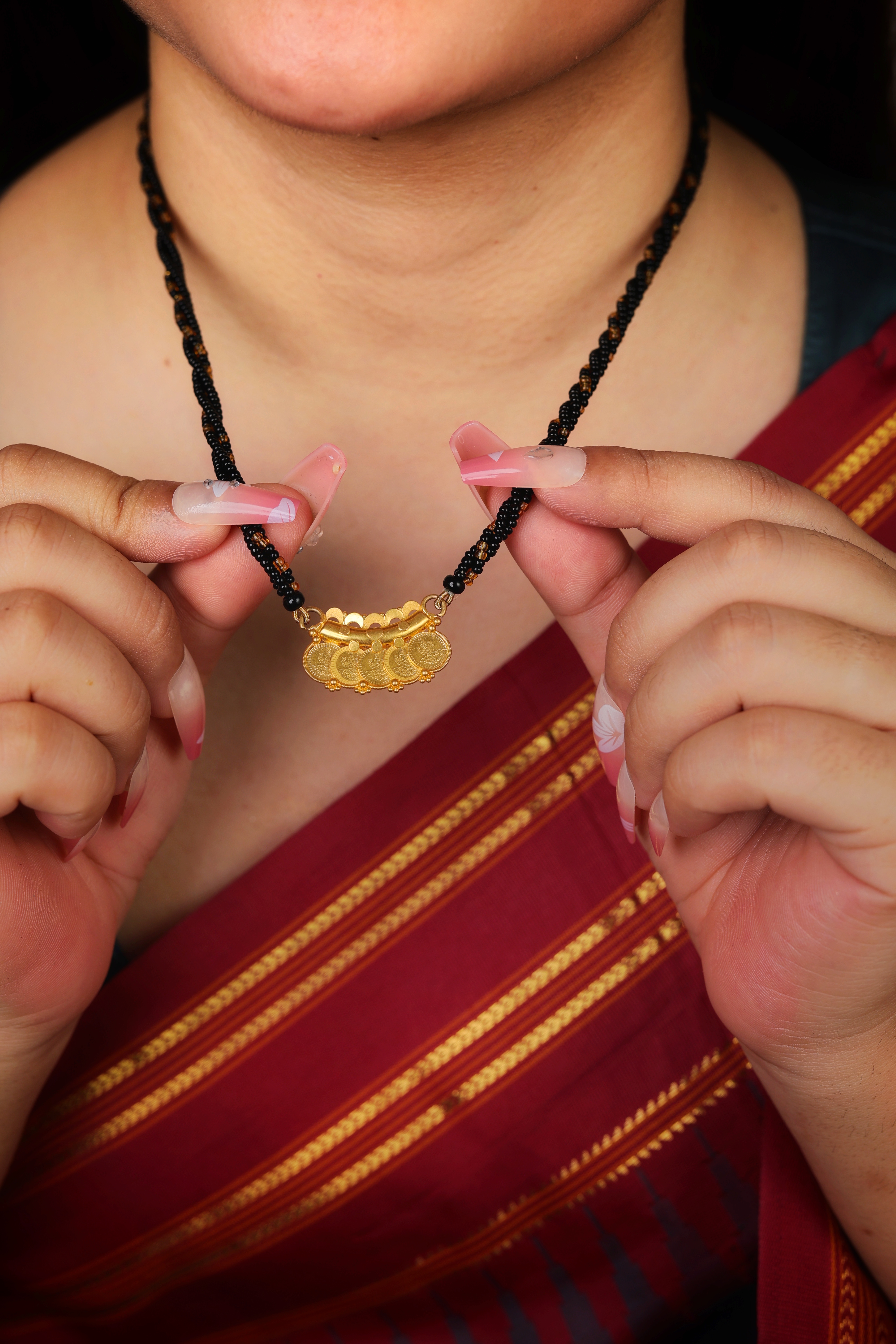 Traditional Women Mangalsutra – Black Beaded Chain Coin Pendant Gold Mangalsutra for Women